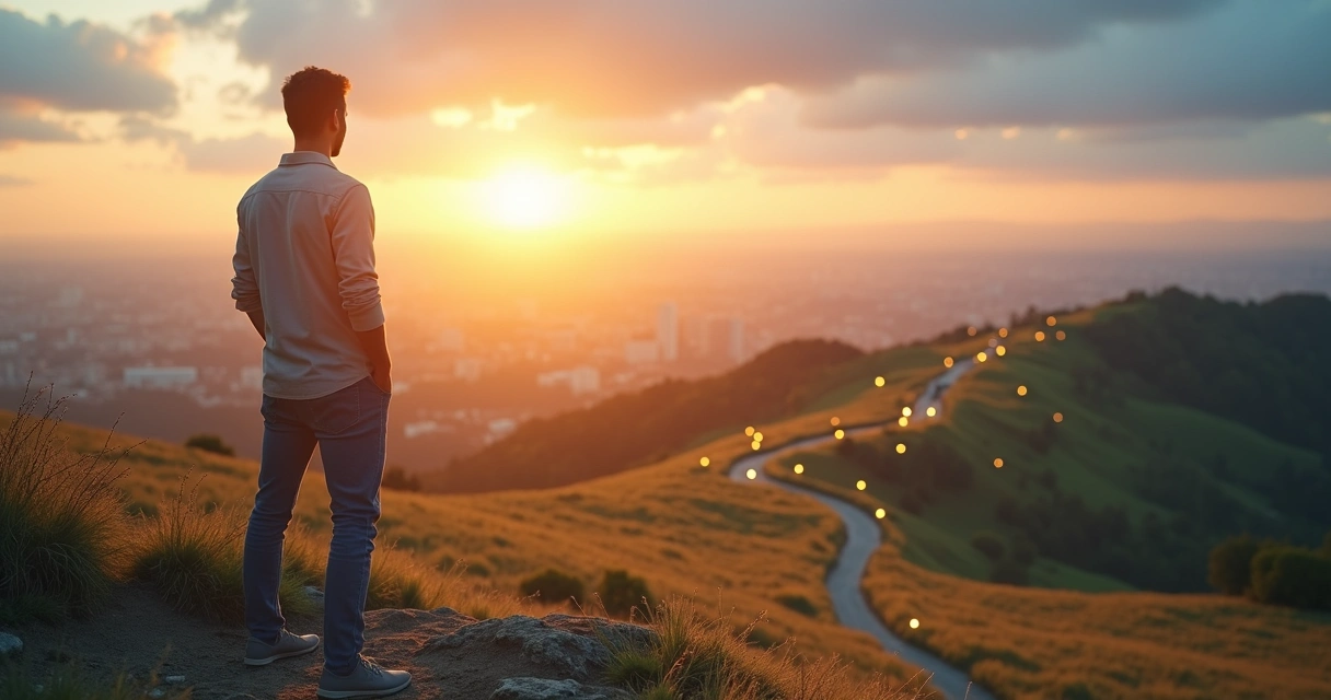 Pessoa em posição de reflexão diante de um caminho com múltiplas escolhas 