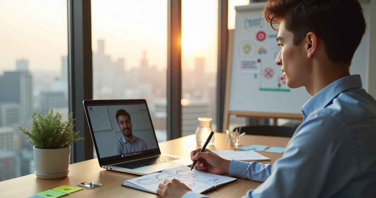 Profissional iniciante refletindo diante de janela com anotações de autoliderança 