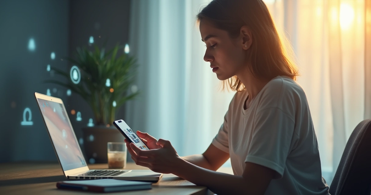 Pessoa usando celular com redes sociais equilibrando luz e sombras ao redor 