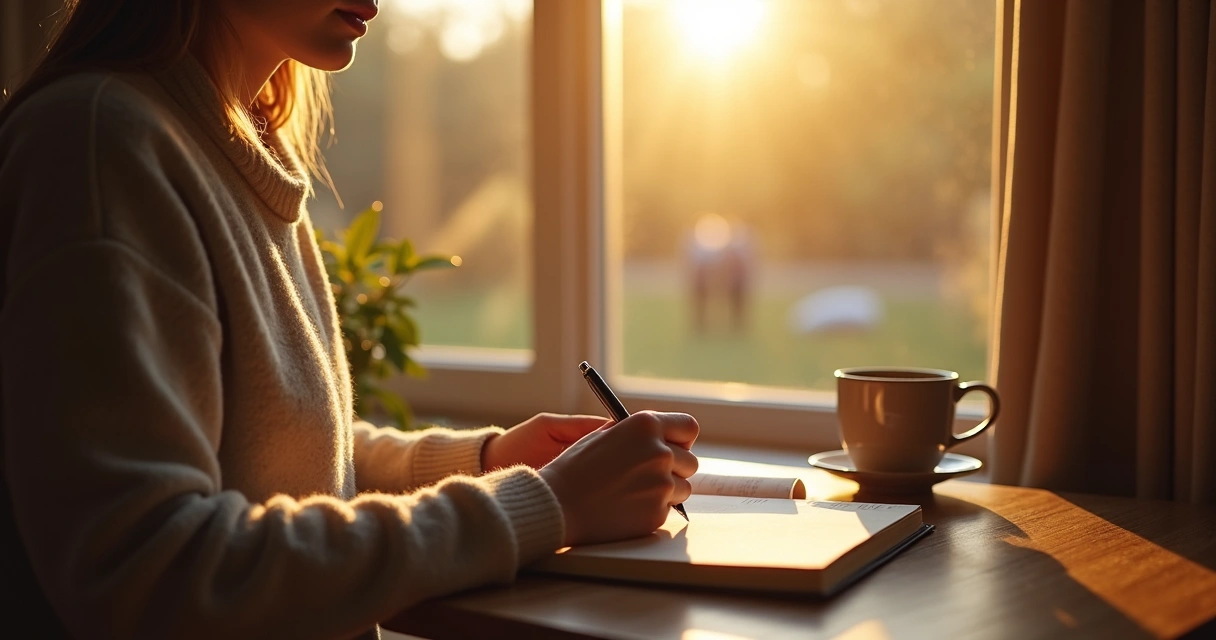 Pessoa praticando reflexão matinal com caderno e xícara de café
