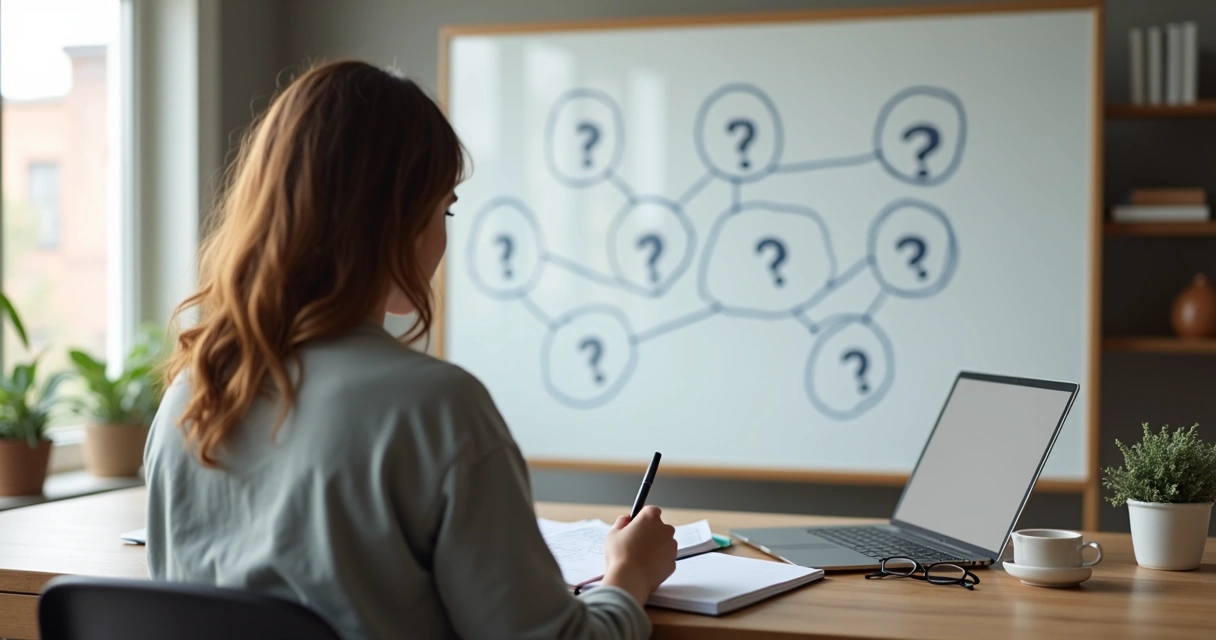 Pessoa refletindo sobre autoliderança diante de quadro com perguntas 