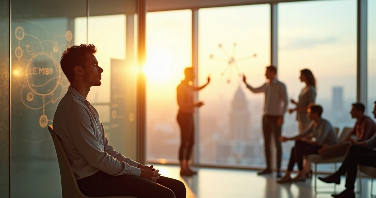 Pessoa em postura de meditação observando conexões entre pessoas em ambiente moderno 