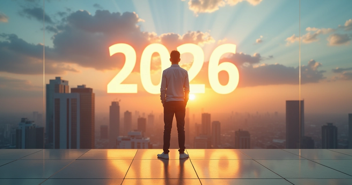 Pessoa em pé no topo de um prédio olhando horizonte urbano com ano 2026 luminoso no céu 