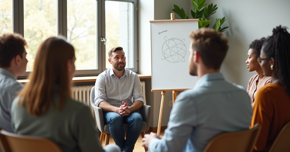 Pessoa em círculo de grupo guiando discussão com postura serena e ética 