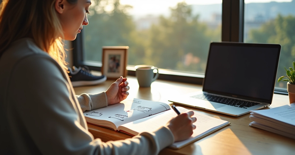 Pessoa refletindo com caderno de planejamento entre vida pessoal e trabalho 