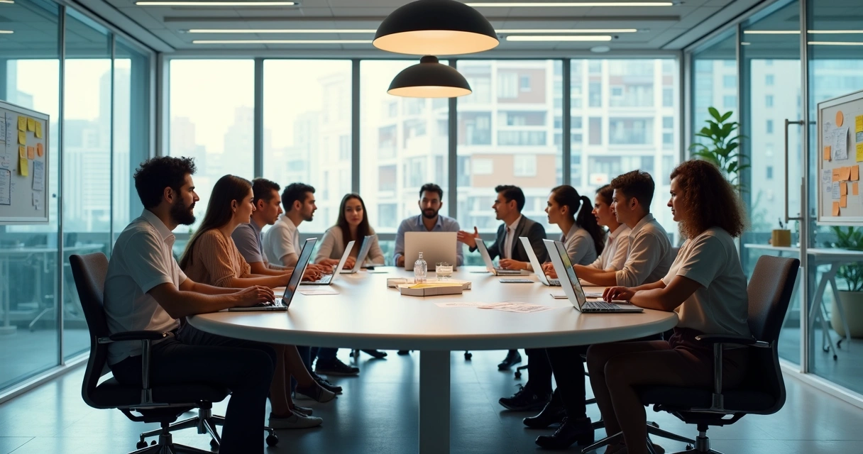 Equipe em reunião mostrando diferentes níveis de autonomia e autoliderança 