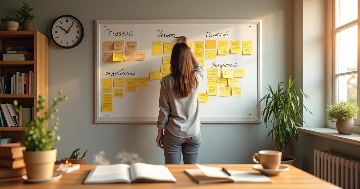 Persona reorganizando un gran panel de notas de colores 