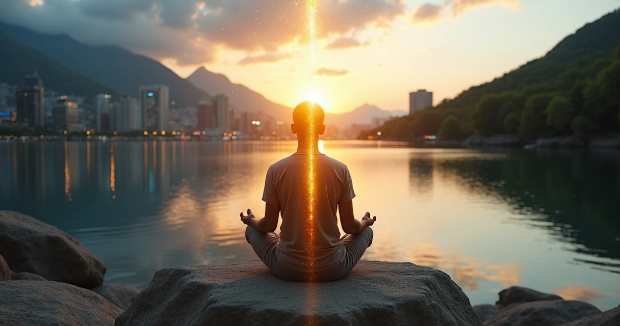 Persona meditando frente a paisaje dividido entre caos urbano y armonía natural 