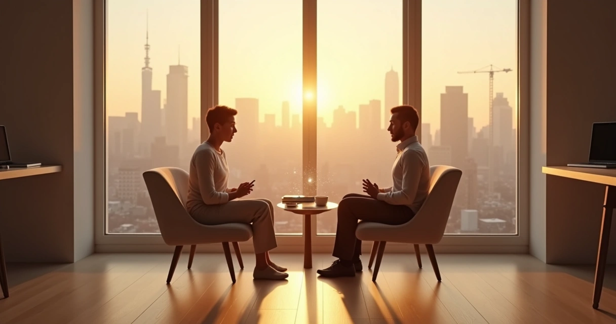 Persona meditando frente a una ventana con luz cálida y ciudad al fondo 