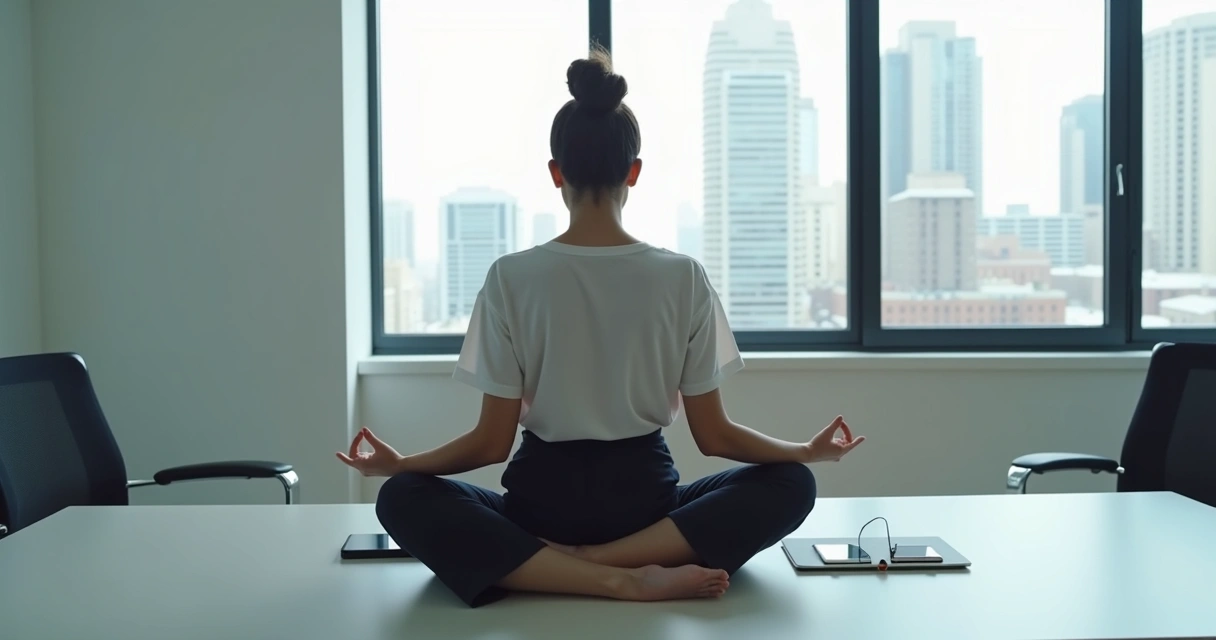 Profesional meditando sentado en oficina moderna