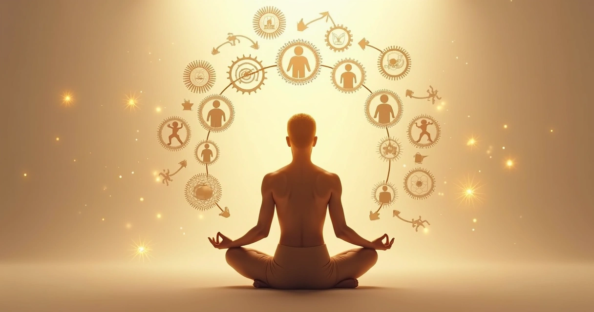 Persona reflexionando rodeada de engranajes y conexiones simbólicas 