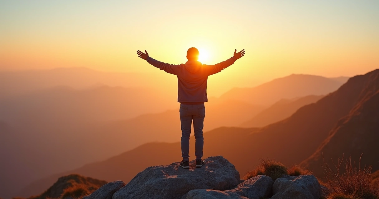 Persona de pie en la cima de una montaña al amanecer con los brazos abiertos 