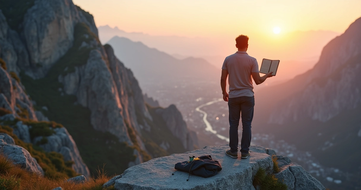 Persona en la cima de una montaña sujetando una brújula sobre una ciudad al amanecer 