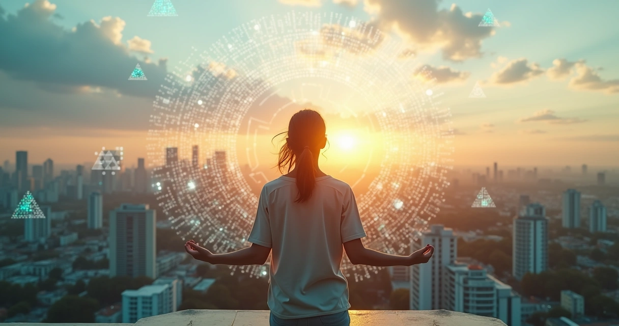 Persona de pie sobre una ciudad conectada por redes luminosas simbolizando el autoliderazgo con visión sistémica 