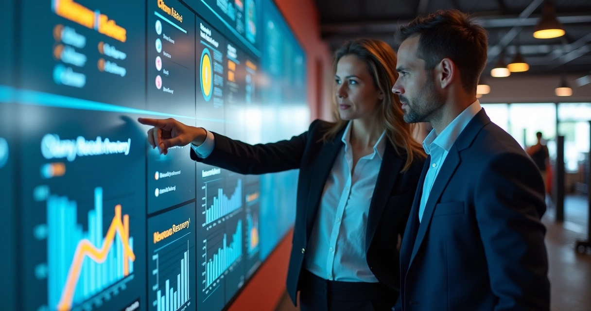 Consultora financeira mostrando dashboard digital para proprietário de academia 