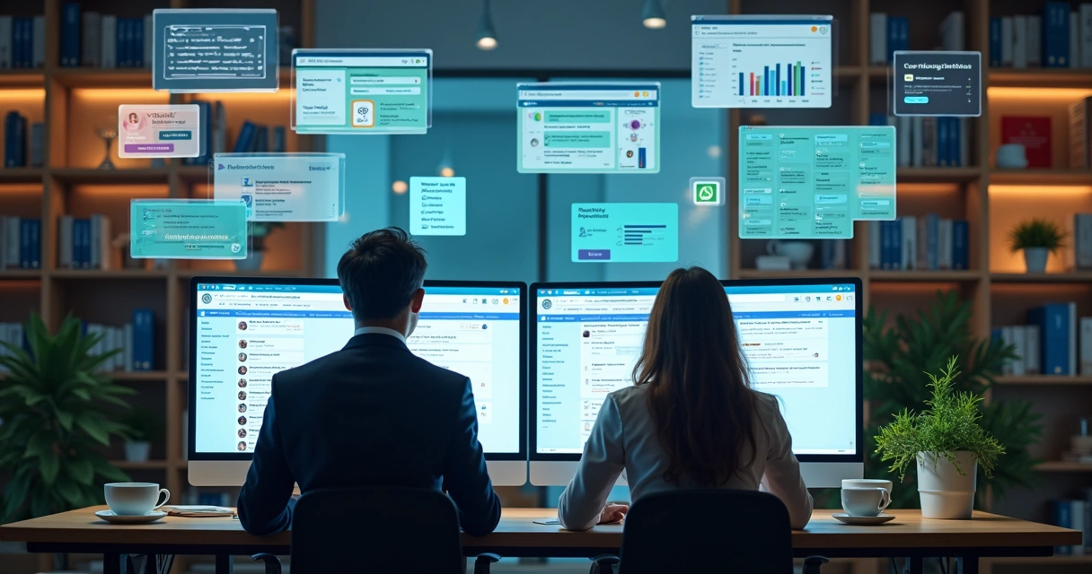 Advogados trabalhando em escritório moderno com telas de automação 