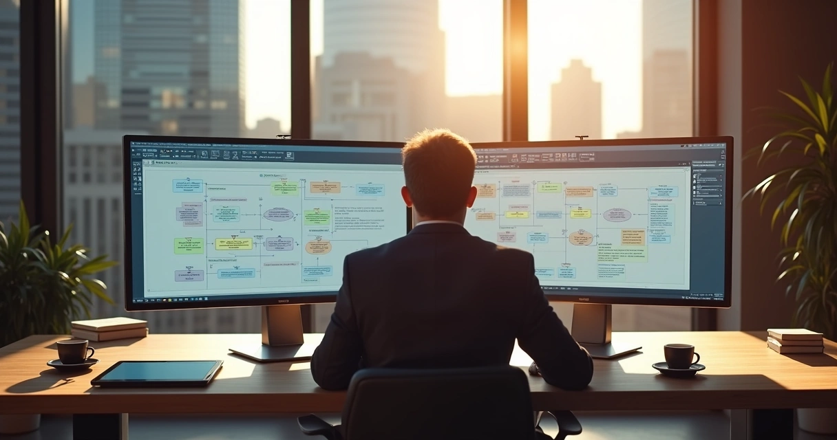 Advogado analisando tela com fluxos automatizados e documentos digitais 