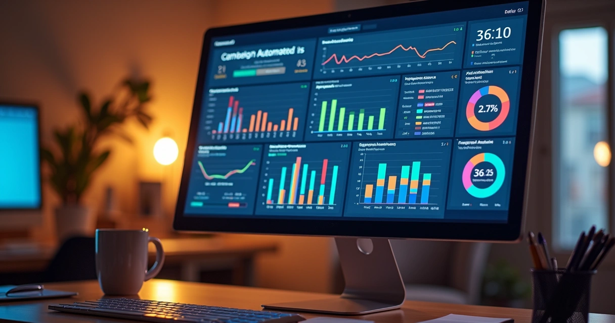 Tela de computador mostrando gráficos de automação de campanhas digitais