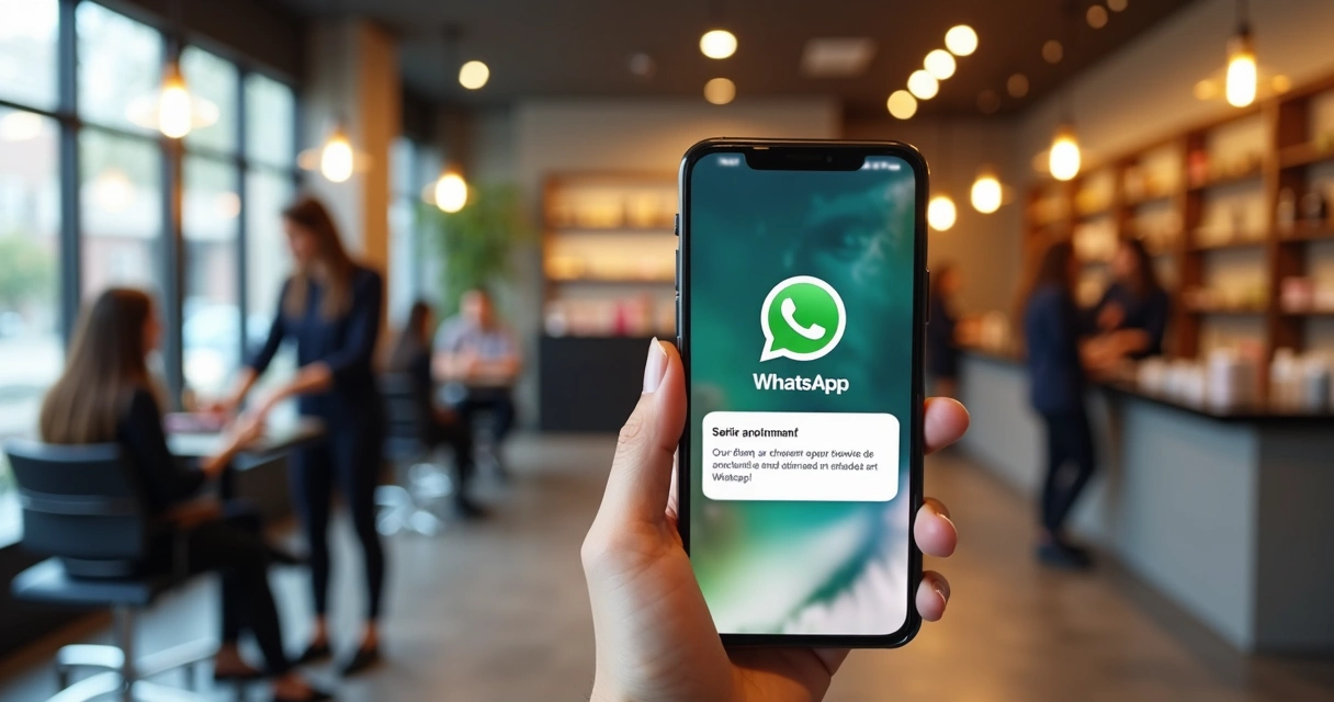Smartphone mostrando notificação de agendamento automático no WhatsApp em salão de beleza moderno com equipe atendendo clientes ao fundo 