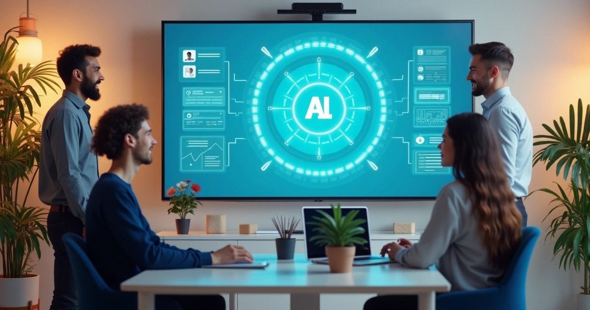 Agente virtual de IA no escritório interagindo com funcionários 