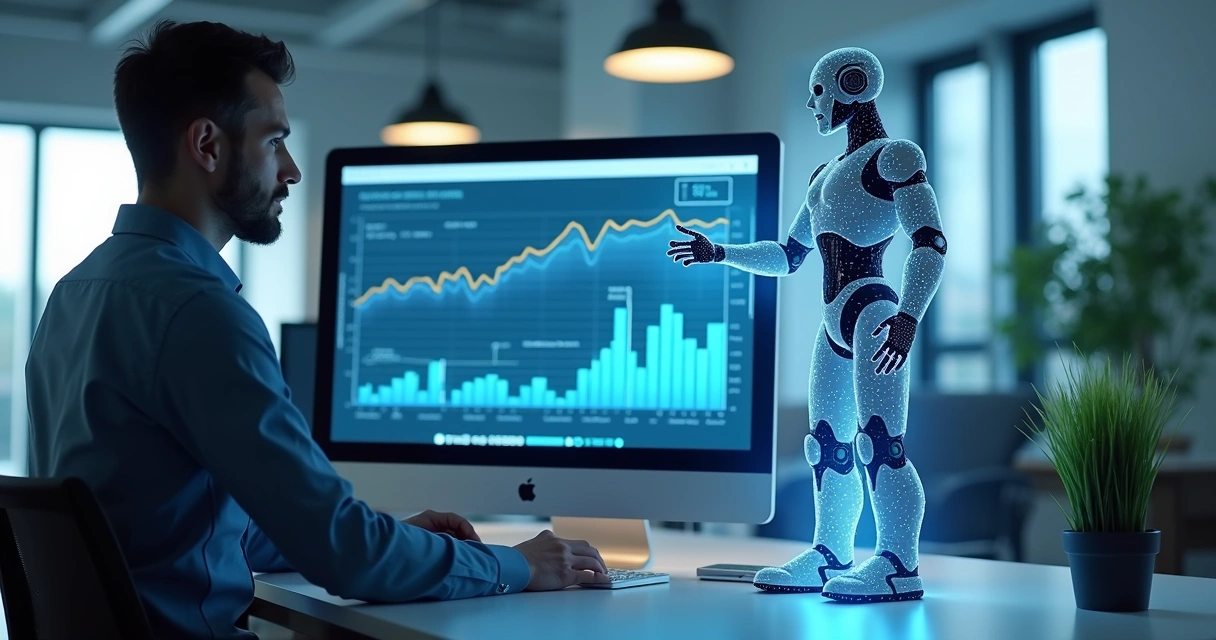 Robô digital ajudando humano com análise de dados contábeis 