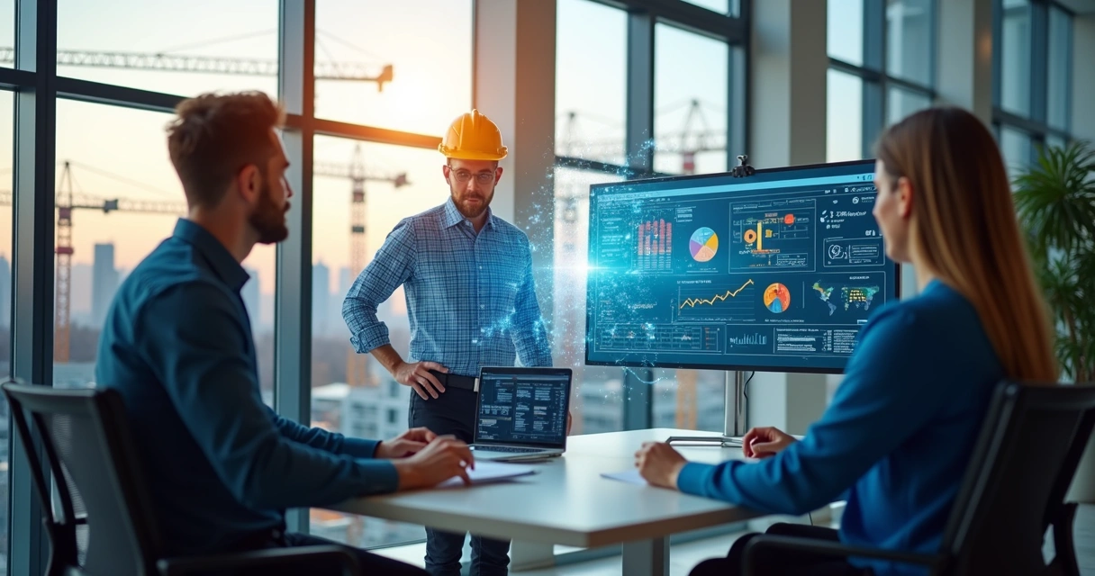 Profissionais da construção analisando dados digitais em tela com gráficos e relatórios automatizados 
