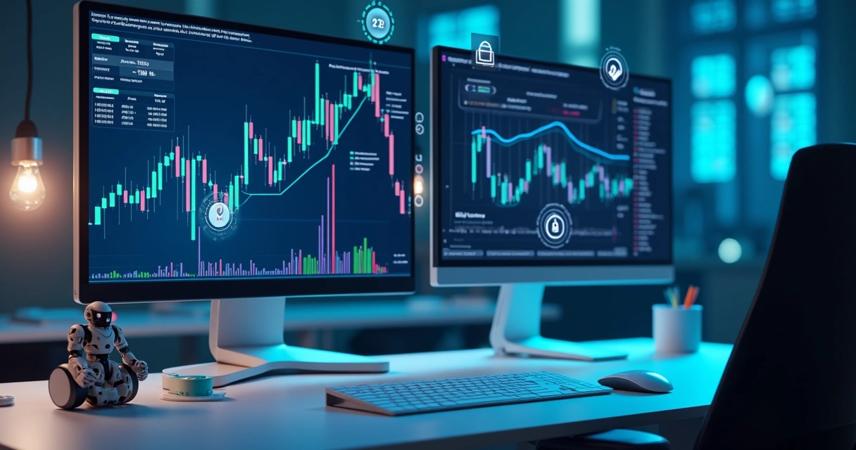 Tela de computador com gráficos de criptomoedas e botões de automação