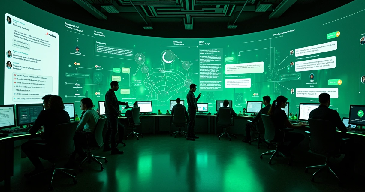 Equipe de atendimento monitorando automação de mensagens via API oficial do WhatsApp em grande central de comando 