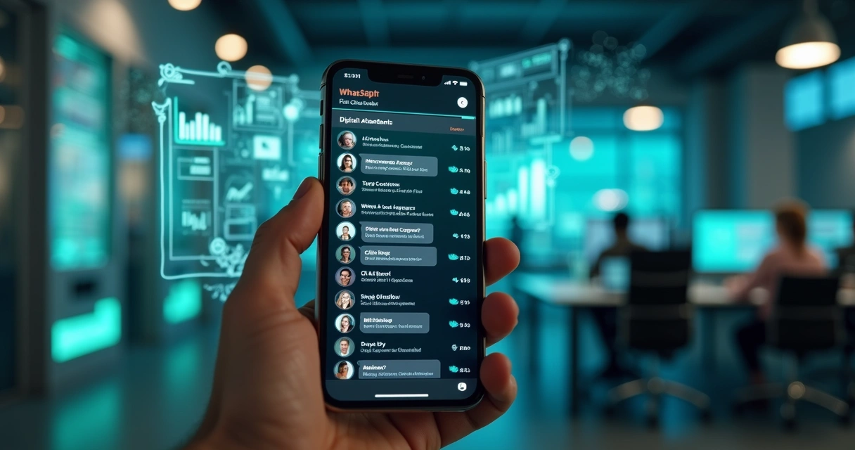 Interface de smartphone mostrando conversa automatizada com chatbot no WhatsApp, gráficos de desempenho e múltiplos atendentes digitais no fundo 