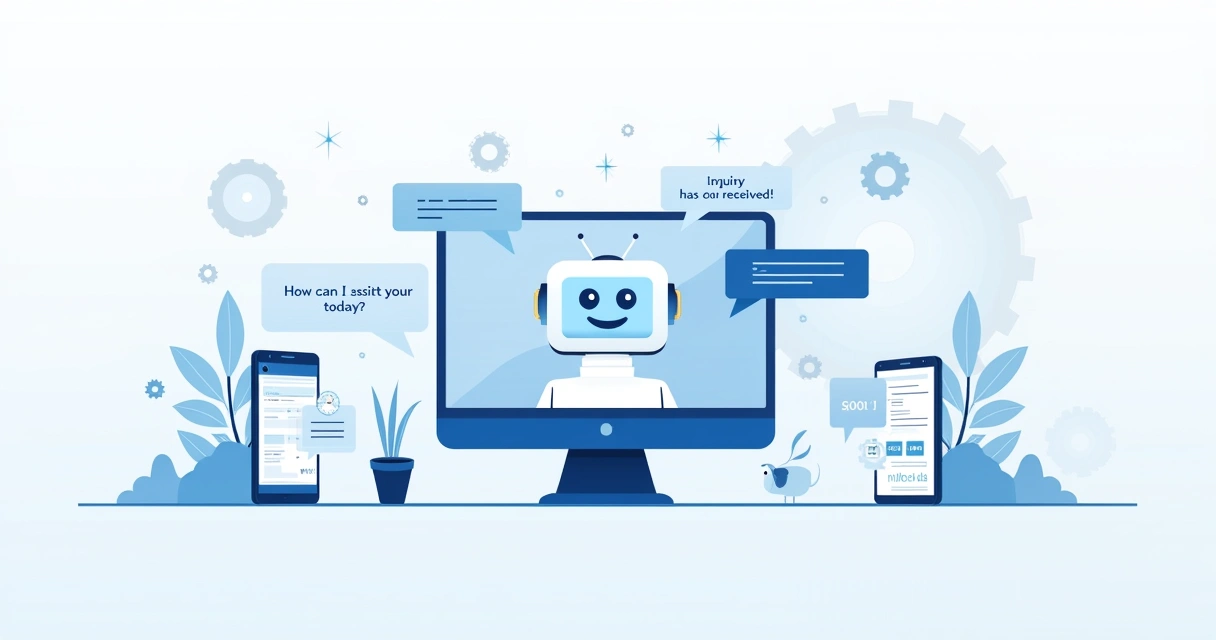 Ambiente de escritório moderno com um computador exibindo uma interface de chatbot e ícones de automação.