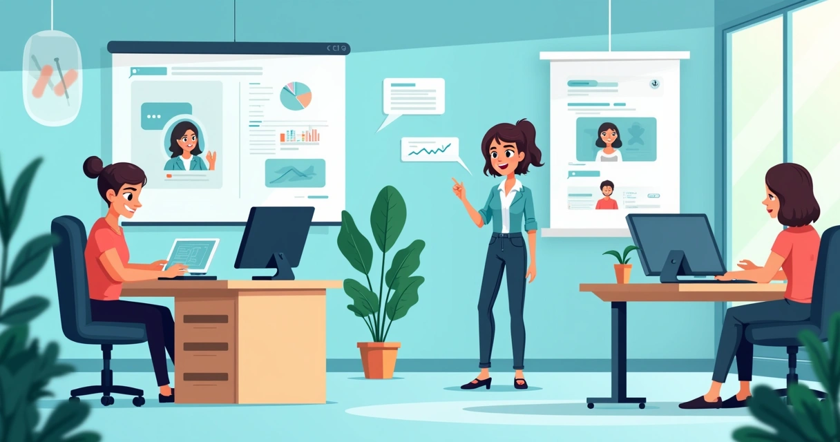 Ilustração de um ambiente de atendimento ao cliente moderno com um chatbot, clientes e equipe de suporte.