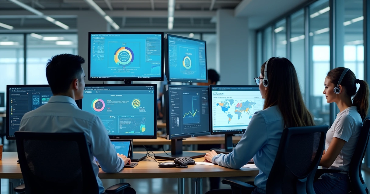Equipe de atendimento ao cliente utilizando automação por IA com gráficos de desempenho ao fundo 