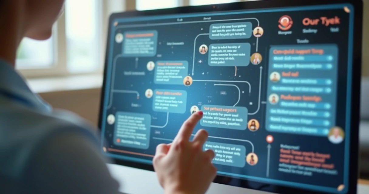 Representação da automação de atendimento digital com bot e equipe humana trabalhando juntos 