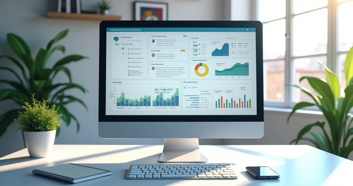 Tela de computador mostrando software CRM com dashboard de atendimento automatizado e gráficos detalhados 