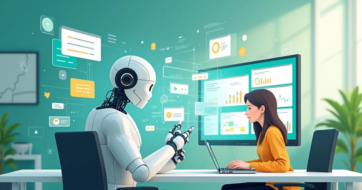 Ilustração de automação digital com chatbot e atendente 