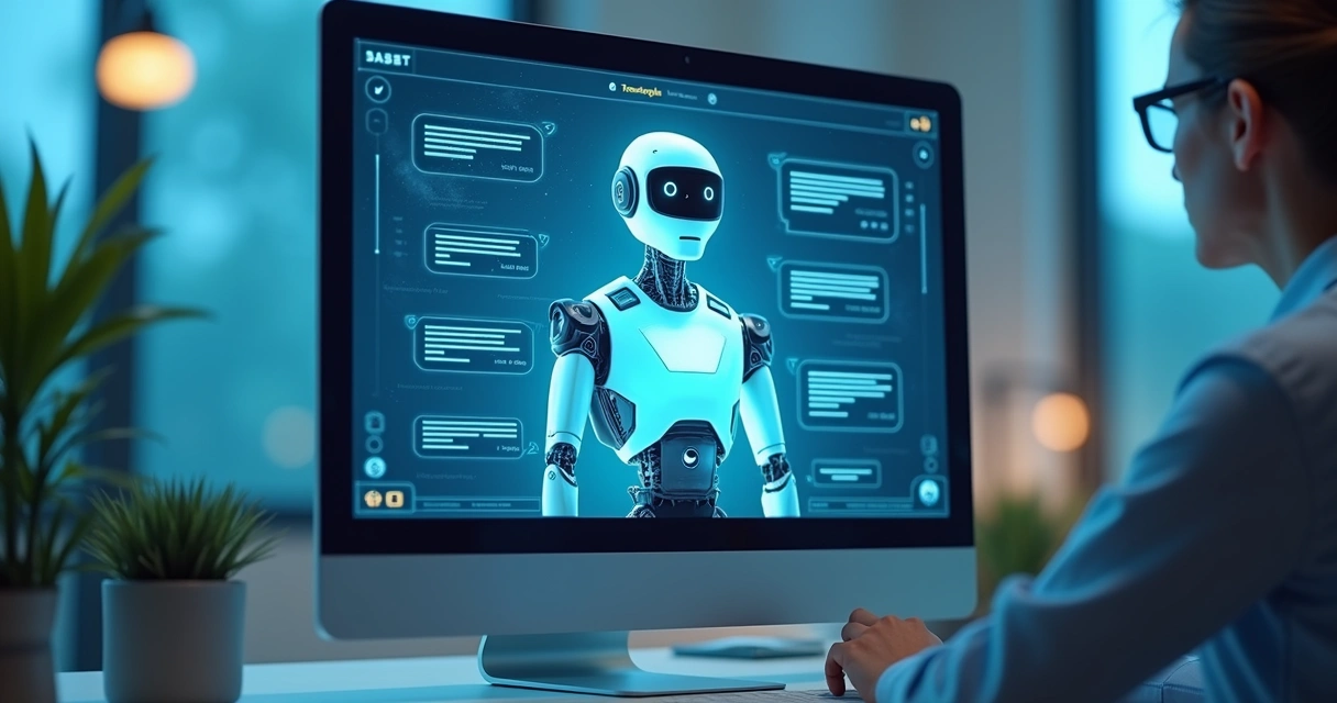 Robô digital de atendimento conversando com clientes em tela de computador 