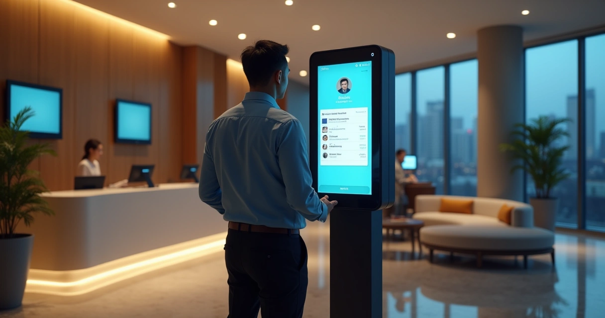 Hóspede frustrado diante de chatbot em tela grande de recepção de hotel 