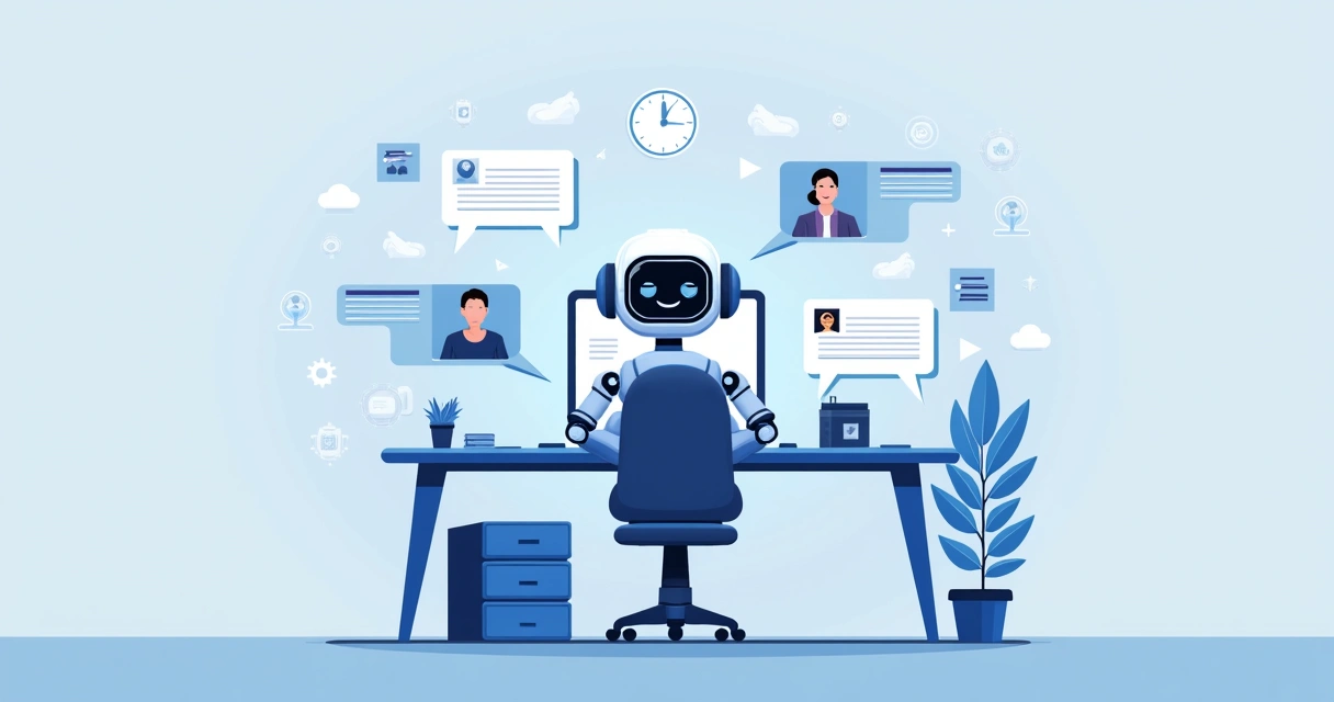 Atendente virtual de IA conversando com diversos clientes em telas flutuantes