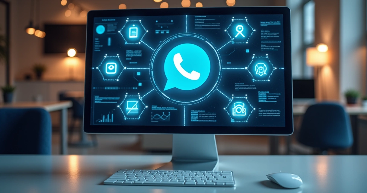Computador exibindo interface de chatbot interativo com ícones de WhatsApp e Instagram ao redor 