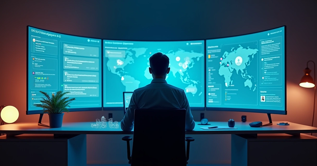 Profissional observa painel com assistente virtual e fluxos automáticos de atendimento 