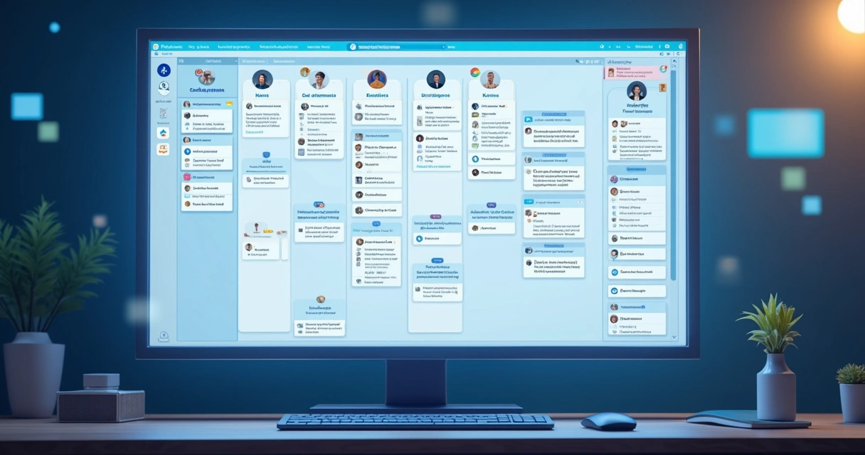 Painel Kanban com cartões de atendimento e avatares humanos e robôs