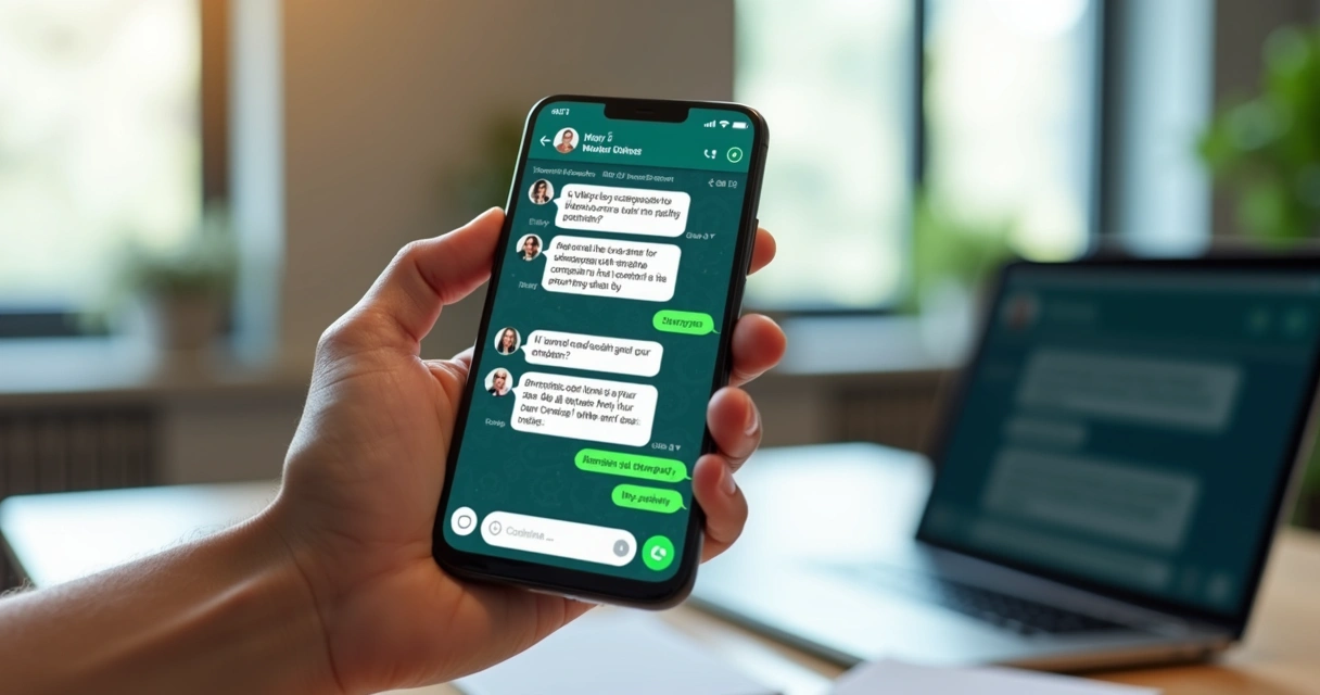 Tela de smartphone mostrando conversa automática no WhatsApp com interface moderna e elementos de IA destacados 