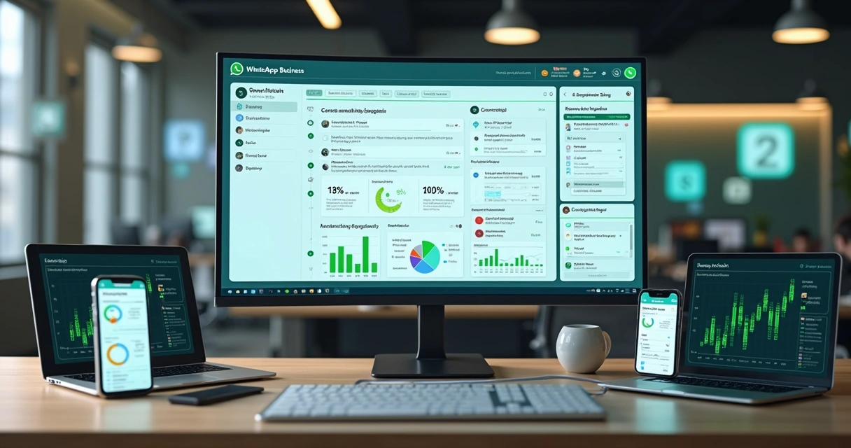 Interface de plataforma digital mostrando automação e atendimento de clientes pelo WhatsApp com múltiplos atendentes e gráficos de desempenho em painel Kanban 
