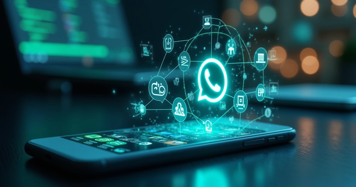 Interface de chatbot automatizado em smartphone com ícones de sistemas integrados ao fundo 