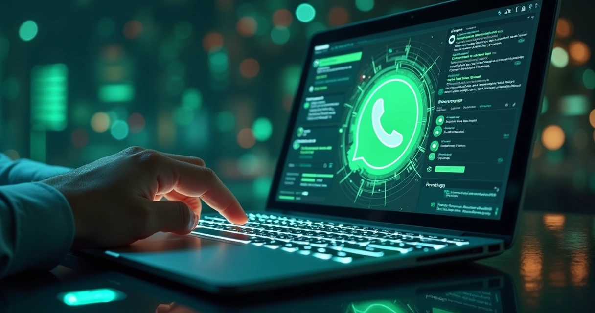 Tela de computador mostrando painel de CRM com inteligência artificial integrado ao WhatsApp, com gráficos de vendas e chatbot em ação