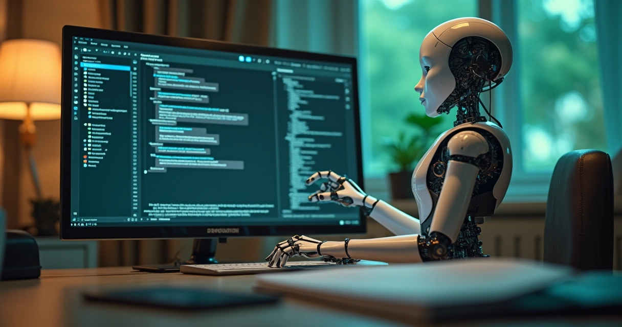 Computador e smartphone mostrando chatbot de IA em atendimento pelo WhatsApp em ambiente de escritório moderno 