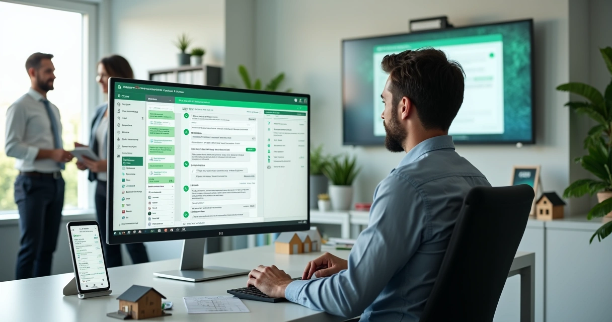 Corretor imobiliário observando automação de atendimento no WhatsApp em painel com funil de vendas 
