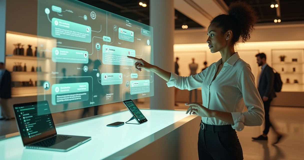 Vendedora em loja física usando painel digital integrado ao WhatsApp para automatizar atendimentos. 