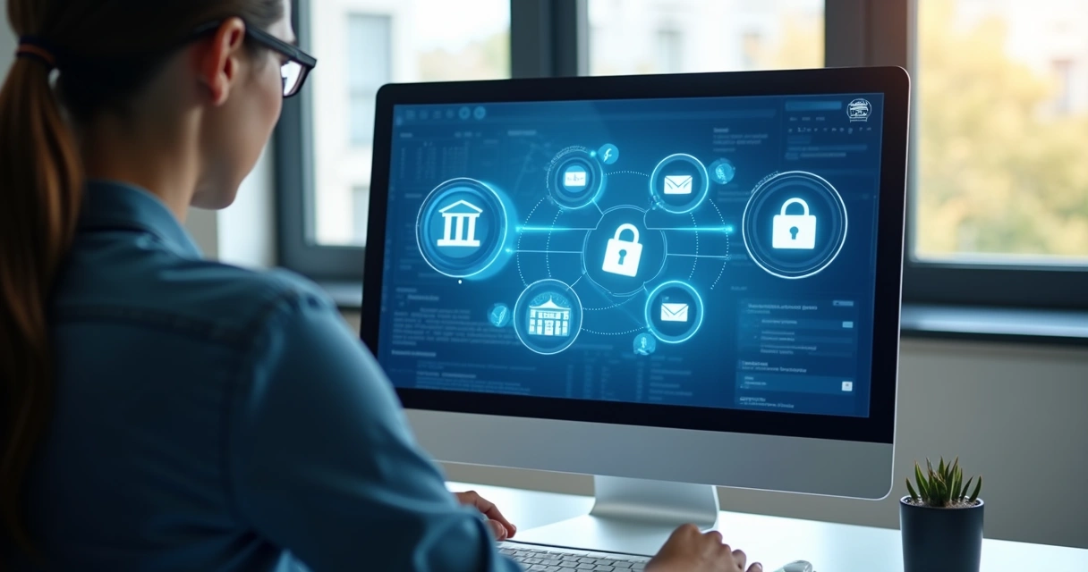Pessoa conectando dados bancários pelo computador para enviar automaticamente extratos bancários mensais 