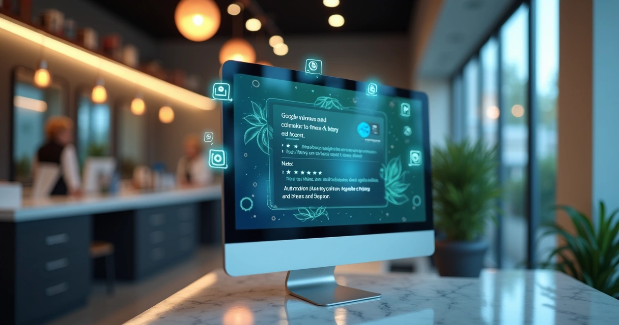 Computador com tela mostrando avaliações positivas no Google e ícones de automação e mensagens no WhatsApp em um ambiente de salão de beleza moderno 